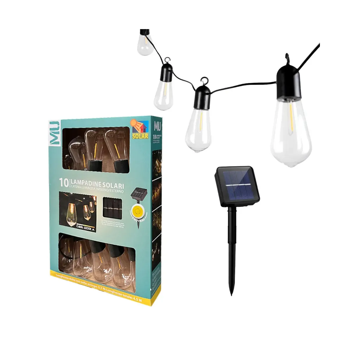 Catena luminosa a LED con 10 lampadine a luce calda lunghezza 4.5 m alimentazione con pannello solare