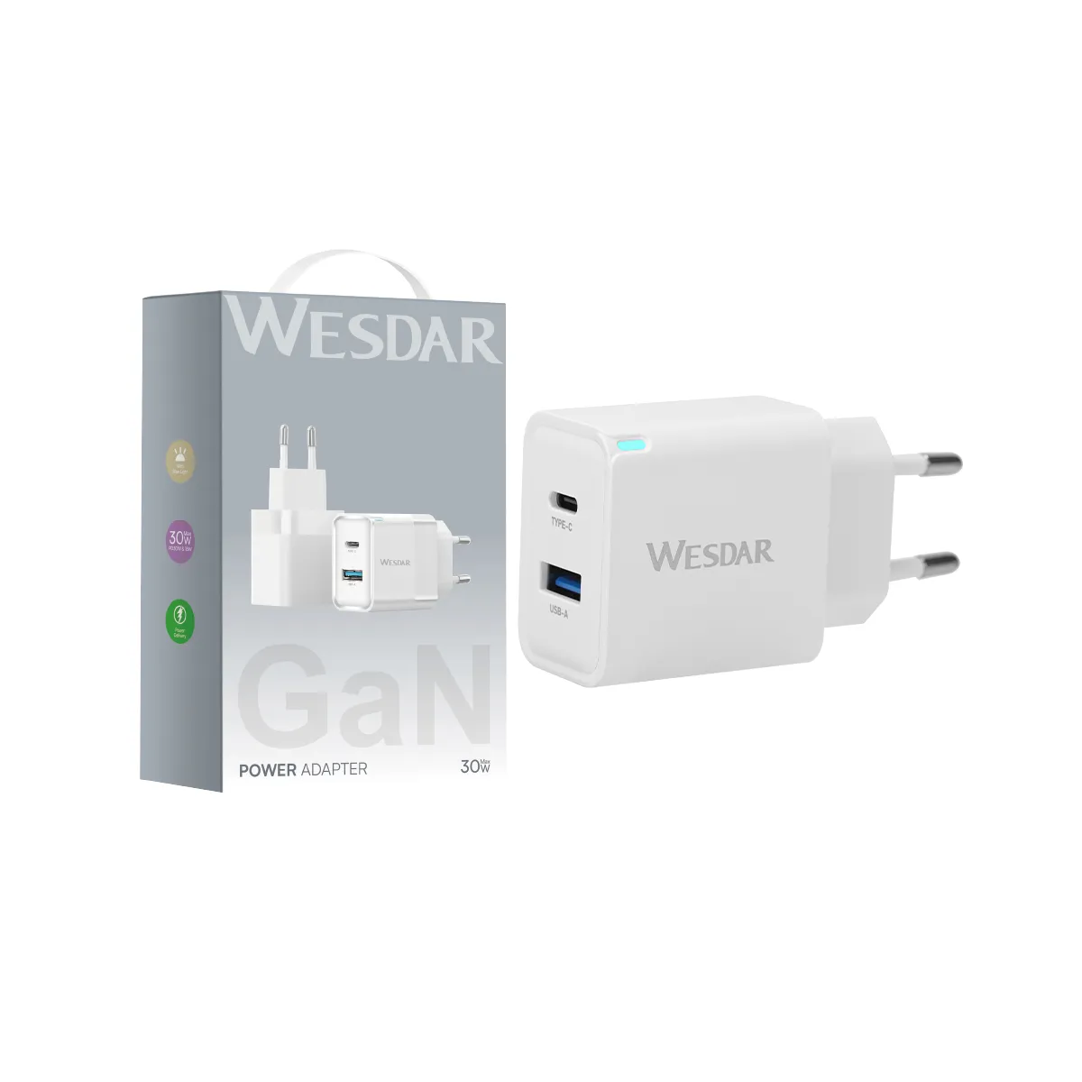 30W Type-C and USB-A Dual Port Fast Charger