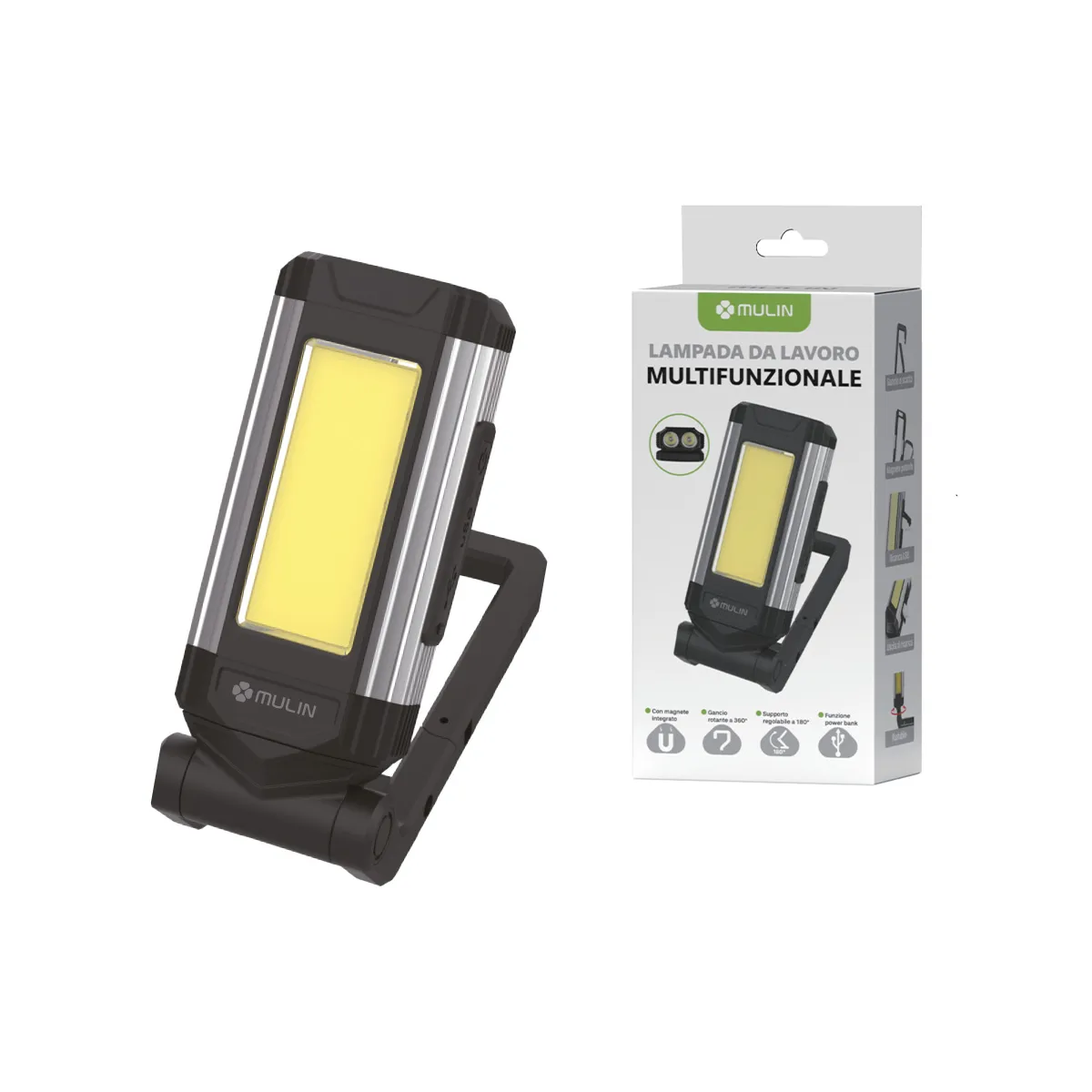 Lampada da Lavoro LED COB Ricaricabile con Magnete e Gancio Rotante 360°